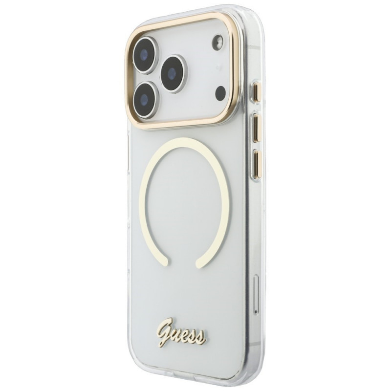 Guess IML Script Metal MagSafe Hülle für Apple iPhone 18 Pro Max / 17 Pro Max, transparent