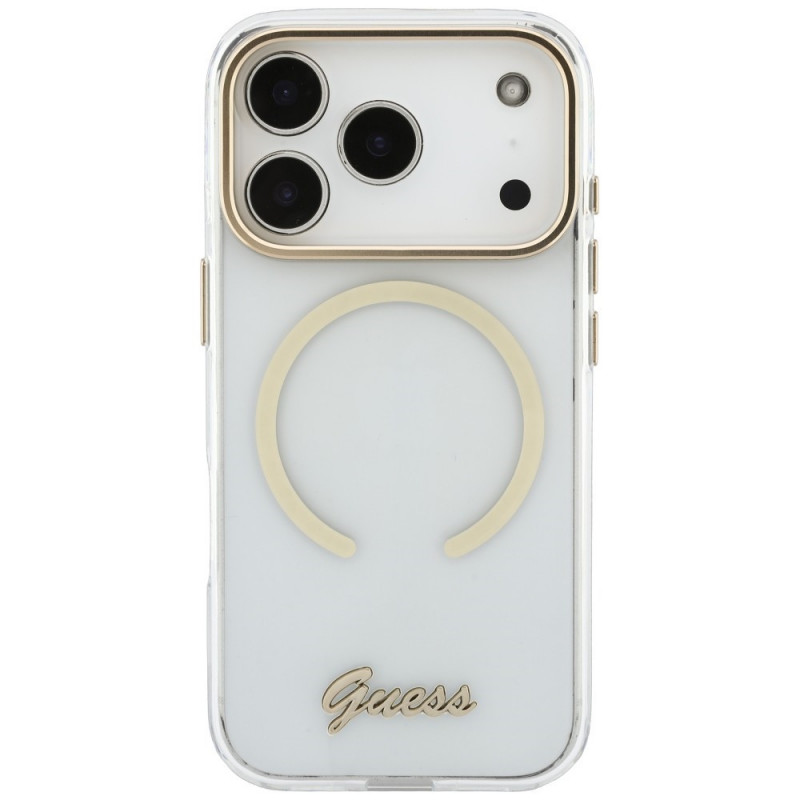 Guess IML Script Metal MagSafe Hülle für Apple iPhone 18 Pro Max / 17 Pro Max, transparent