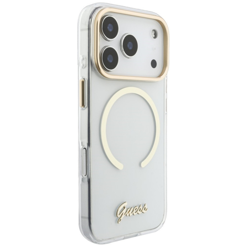 Guess IML Script Metal MagSafe Hülle für Apple iPhone 18 Pro Max / 17 Pro Max, transparent
