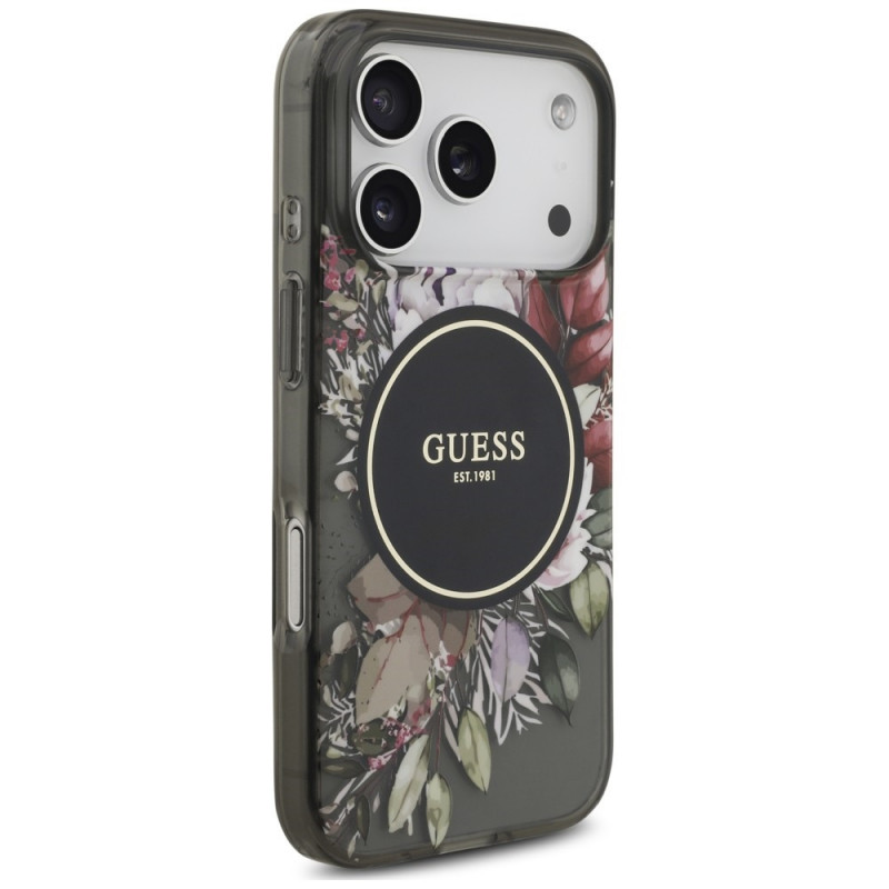 Guess IML Flowers Pearl Strap MagSafe Hülle für Apple iPhone 18 Pro / 17 Pro, schwarz