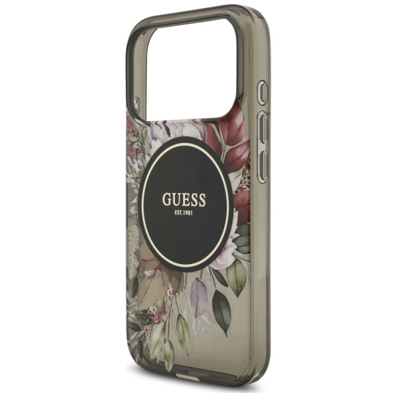 Guess IML Flowers Pearl Strap MagSafe Hülle für Apple iPhone 18 Pro / 17 Pro, schwarz