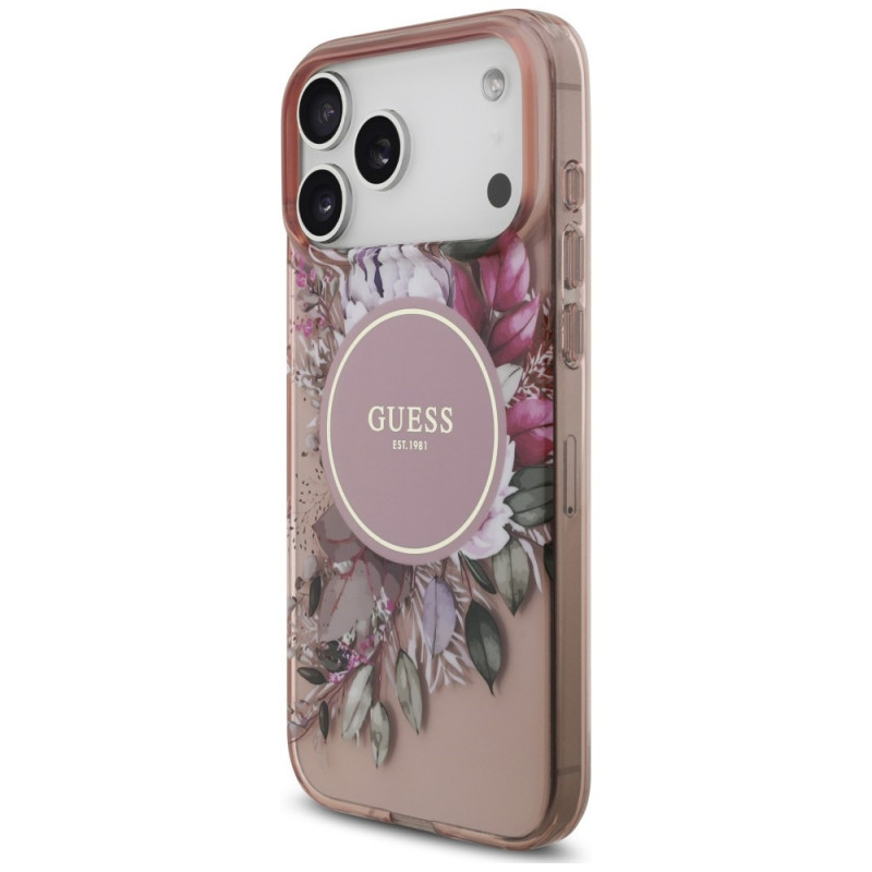 Guess IML Flowers Pearl Strap MagSafe Hülle für Apple iPhone 18 Pro / 17 Pro, pink