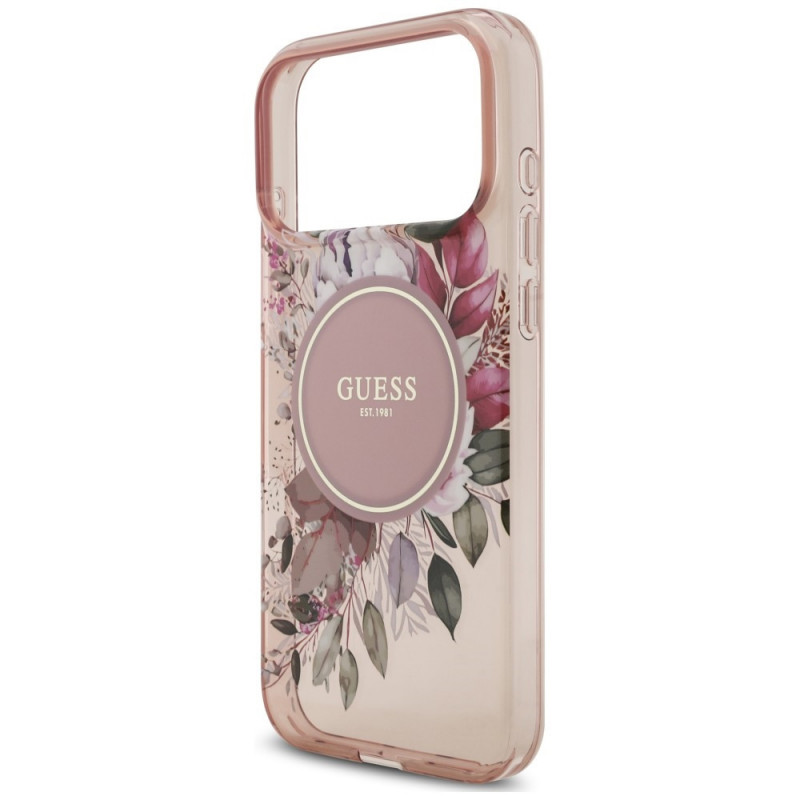 Guess IML Flowers Pearl Strap MagSafe Hülle für Apple iPhone 18 Pro / 17 Pro, pink