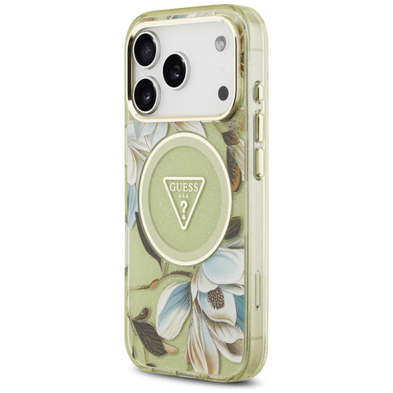 Guess IML Glitter Flowers Triangle MagSafe Hülle für Apple iPhone 18 Pro Max / 17 Pro Max, grün
