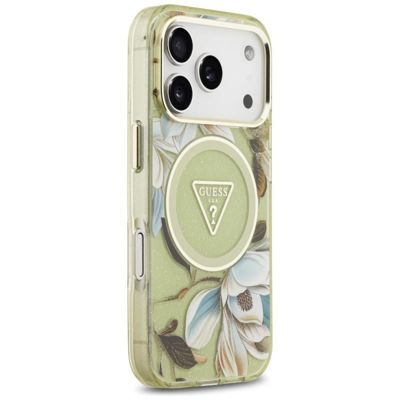 Guess IML Glitter Flowers Triangle MagSafe Hülle für Apple iPhone 18 Pro Max / 17 Pro Max, grün