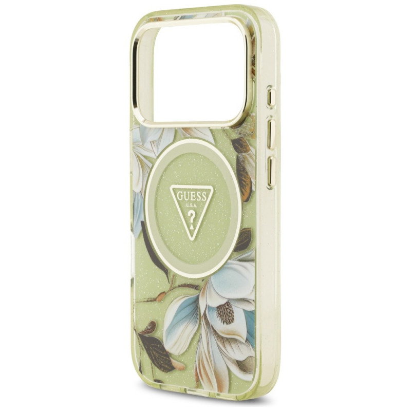Guess IML Glitter Flowers Triangle MagSafe Hülle für Apple iPhone 18 Pro Max / 17 Pro Max, grün