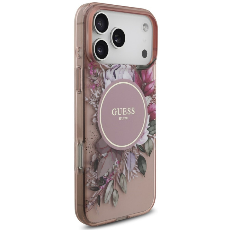 Guess IML Flowers Pearl Strap MagSafe Hülle für Apple iPhone 18 Pro Max / 17 Pro Max, pink