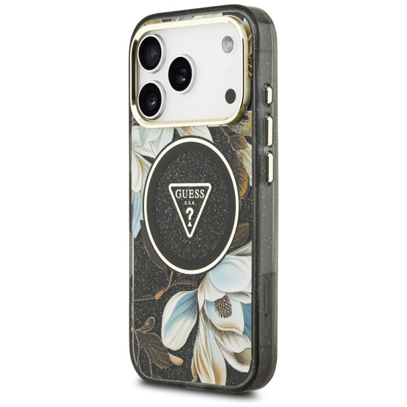 Guess IML Glitter Flowers Triangle MagSafe Hülle für Apple iPhone 18 Pro Max / 17 Pro Max, schwarz