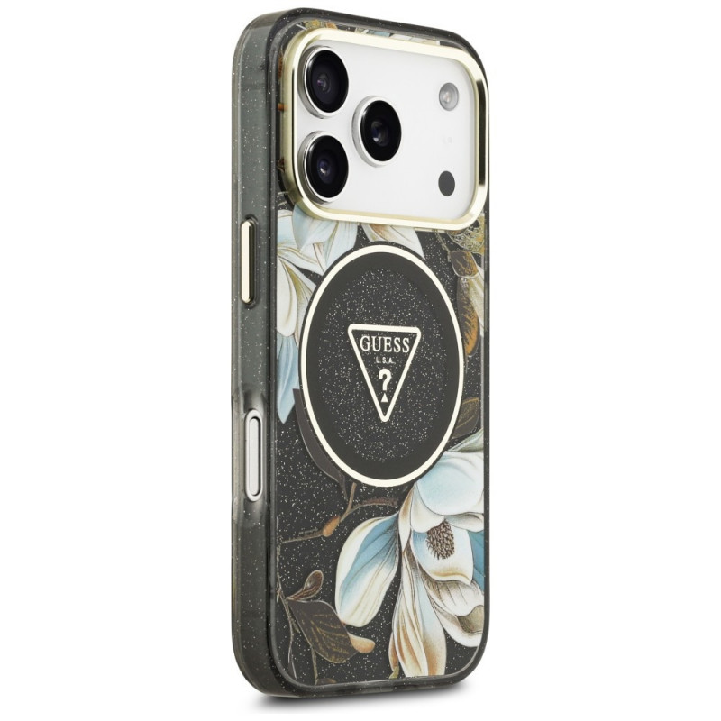 Guess IML Glitter Flowers Triangle MagSafe Hülle für Apple iPhone 18 Pro Max / 17 Pro Max, schwarz