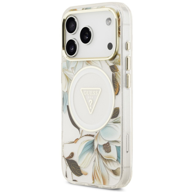 Guess IML Glitter Flowers Triangle MagSafe Hülle für Apple iPhone 18 Pro Max / 17 Pro Max, Weiß
