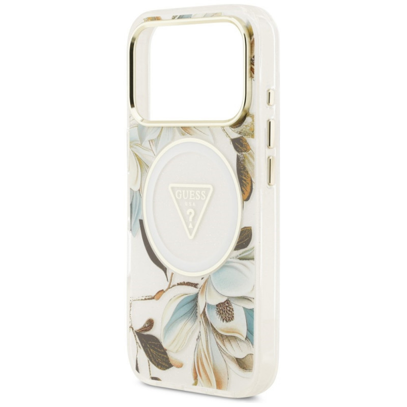 Guess IML Glitter Flowers Triangle MagSafe Hülle für Apple iPhone 18 Pro Max / 17 Pro Max, Weiß
