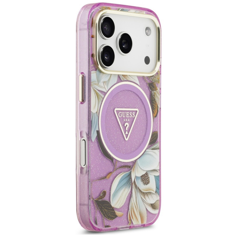 Guess IML Glitter Flowers Triangle MagSafe Hülle für Apple iPhone 18 Pro Max / 17 Pro Max, lila