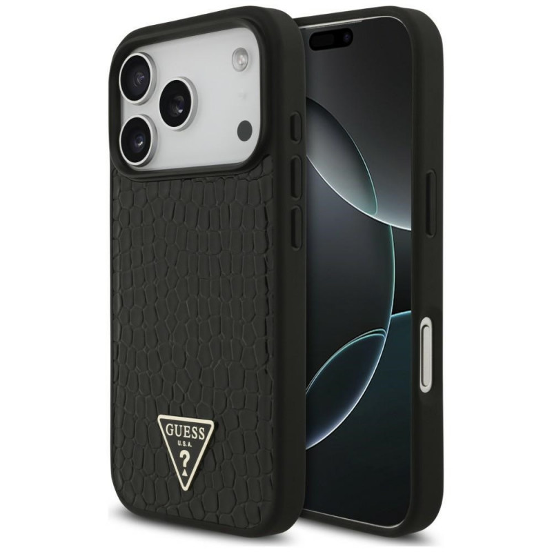 Guess Croco Triangle Logo MagSafe Hülle für Apple iPhone 18 Pro / 17 Pro, Schwarz