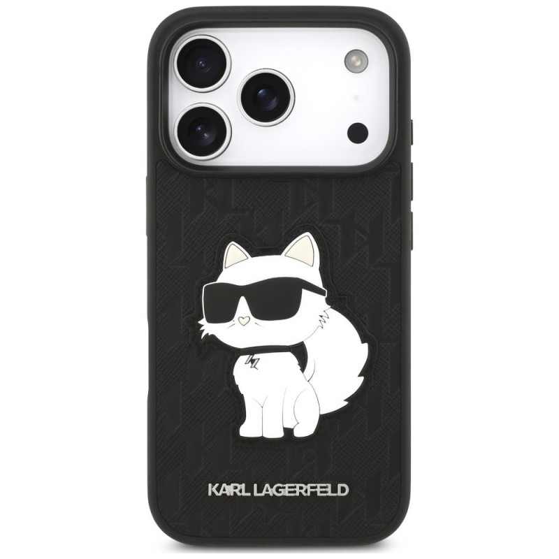 Karl Lagerfeld Saffiano Mono Patch Choupette Hülle für Apple iPhone 18 Pro / 17 Pro, Schwarz