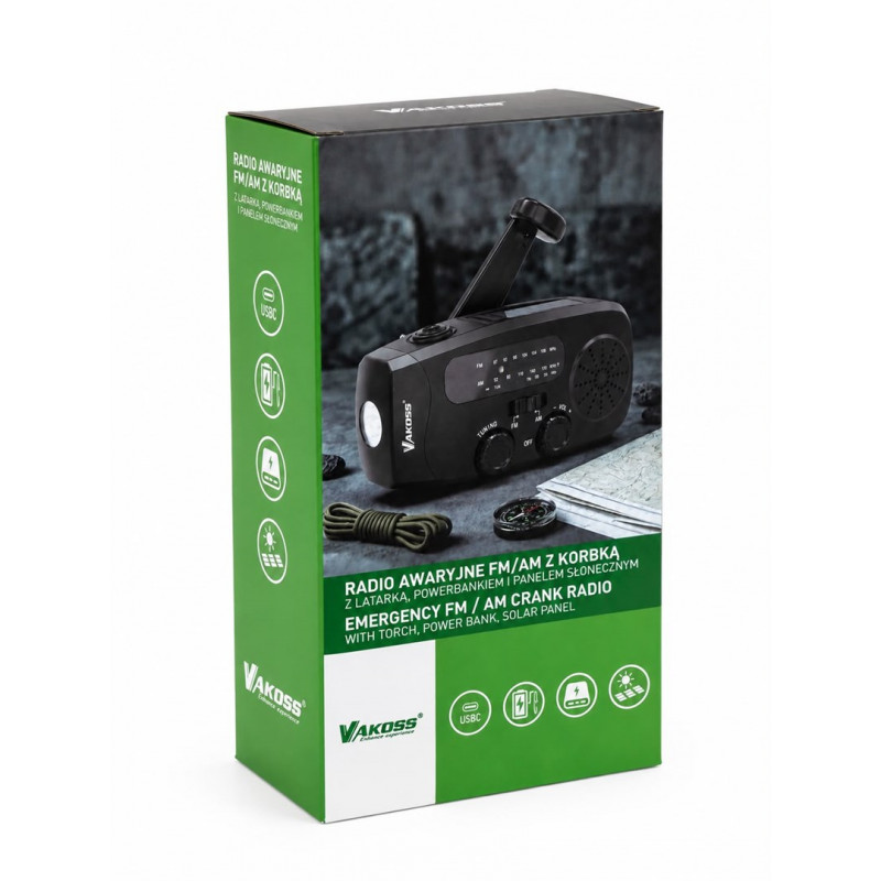 Vakoss FM-3660K FM/AM-Notfallradio mit Dynamo, Taschenlampe, Powerbank und Solarpanel, 2000 mAh