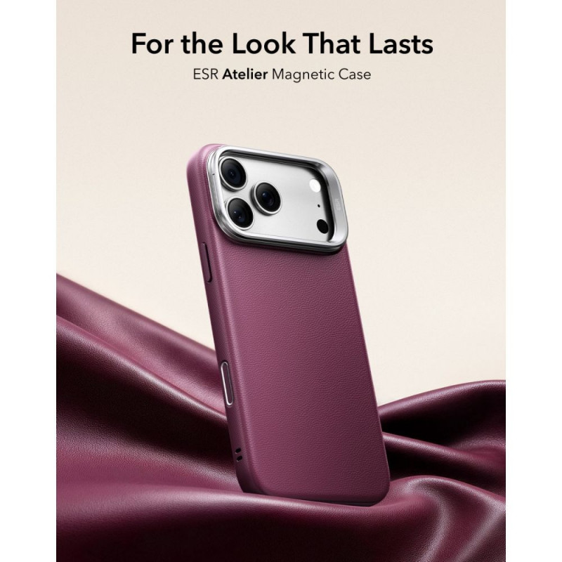 ESR Leder-Kickstand-MagSafe-Hülle für Apple iPhone 17 Pro / 18 Pro, Deep Burgundy