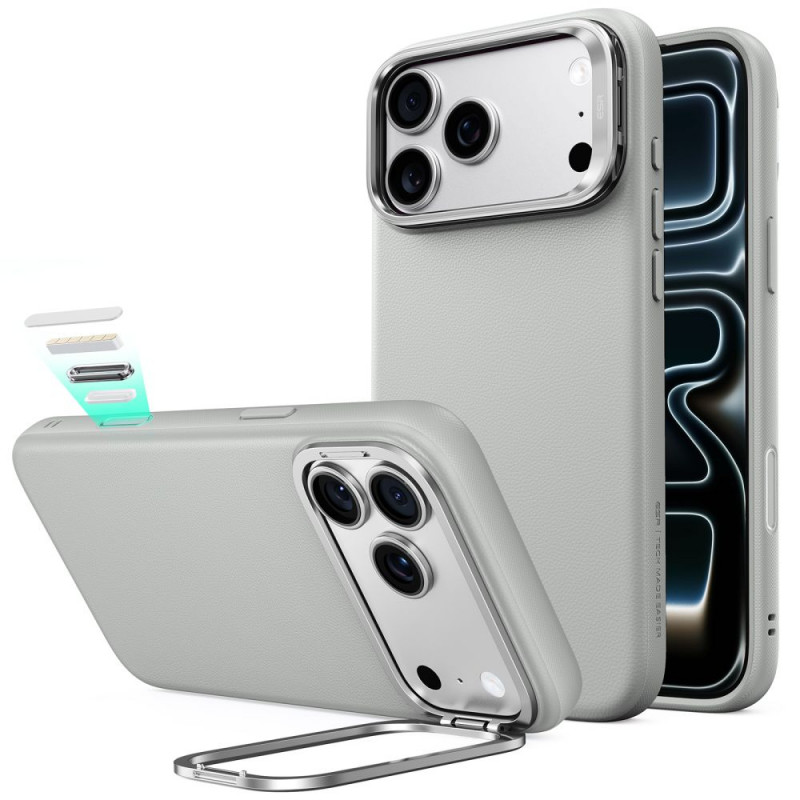 ESR Leder-Kickstand-MagSafe-Hülle für Apple iPhone 17 Pro / 18 Pro, Grau