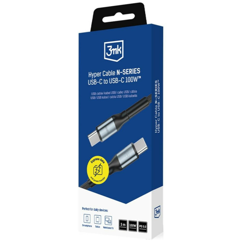 3MK Hyper Cable N-SERIES USB-C-auf-USB-C-Kabel, 3 m, 100 W, Schwarz