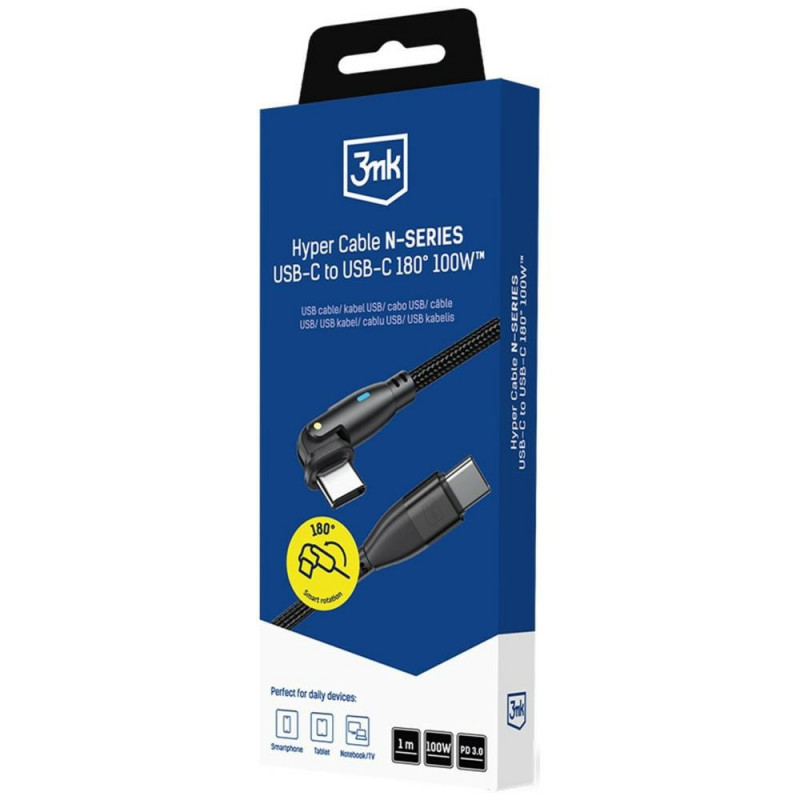 3MK Hyper Cable N-SERIES USB-C-auf-USB-C-Kabel mit 180°-Drehspitze, 1 m, 100 W, Schwarz