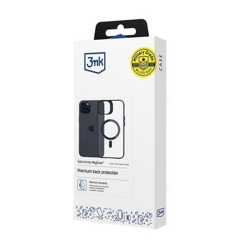 3MK Satin Armor MagCase mit MagSafe für Apple iPhone 15 Plus, transparent mit schwarzem Rahmen (156080-0)