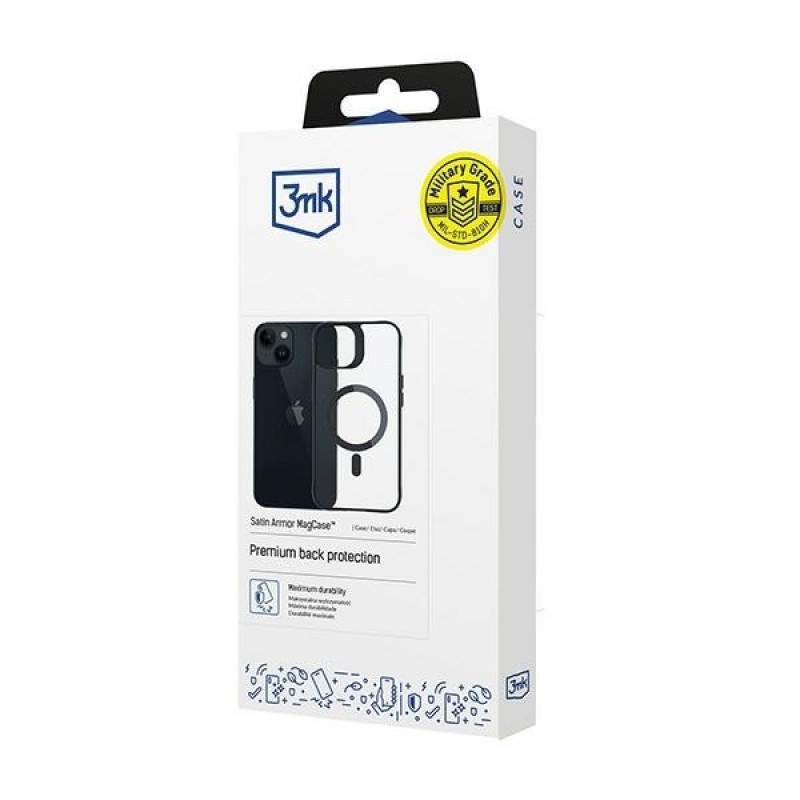 3MK Satin Armor MagCase mit MagSafe für Apple iPhone 13 / 14, transparent mit schwarzem Rahmen (156075-0)