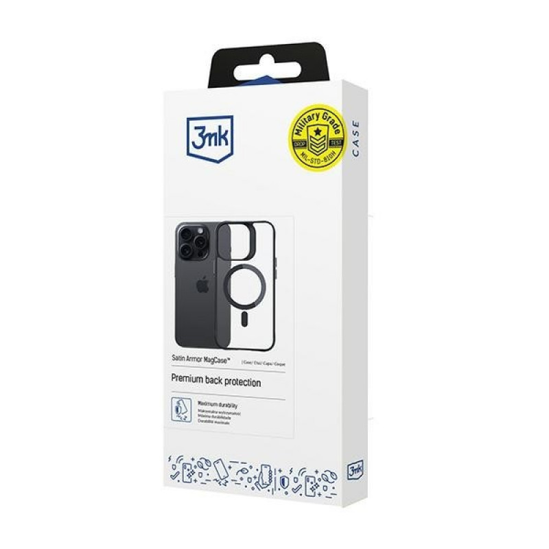 3MK Satin Armor MagCase mit MagSafe für Apple iPhone 15 Pro, transparent mit schwarzem Rahmen