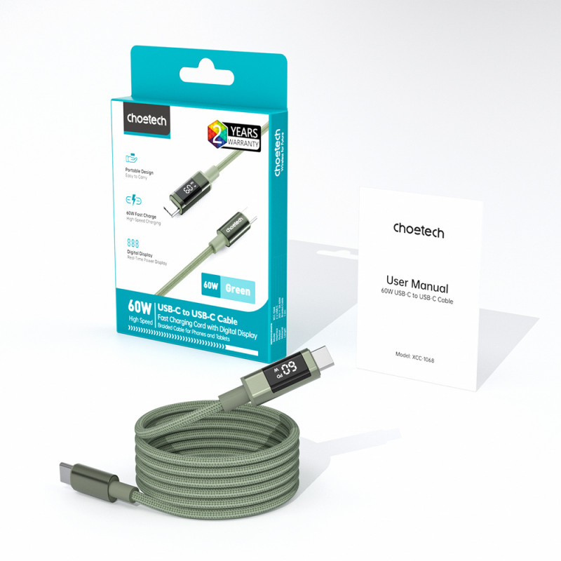 Choetech XCC-1068 PD 60W USB-C-auf-USB-C-Kabel mit Display, 1,2 m, Grün