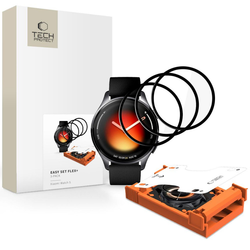 Tech-Protect Easy Set Flex+ Hybridglas für Xiaomi Watch 5 (3 Stk.), Schwarz