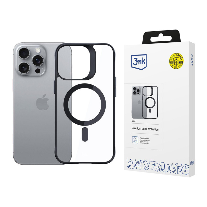 3mk Satin Armor MagCase mit MagSafe für Apple iPhone 16 Pro, transparent mit schwarzem Rahmen