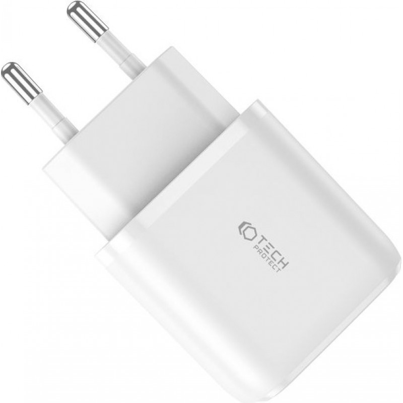 Tech-Protect C20W 2-Port-Wandladegerät, USB-C PD 20W und USB-A QC 3.0, weiß