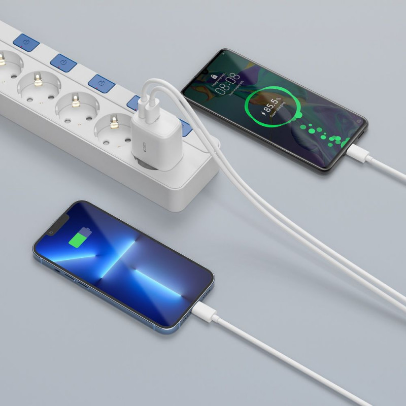 Tech-Protect C20W 2-Port-Wandladegerät, USB-C PD 20W und USB-A QC 3.0, weiß