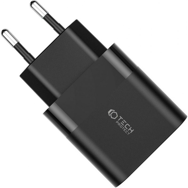 Tech-Protect C30W 2-Port-Wandladegerät, USB-C PD 30W und USB-A QC 3.0, schwarz