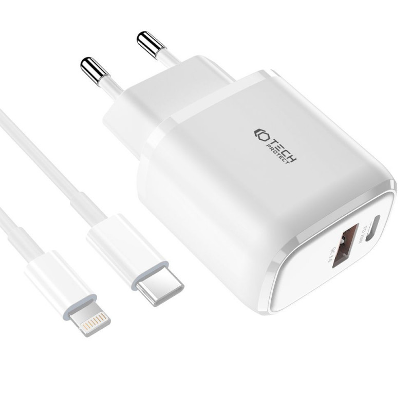 Tech-Protect C20W 2-Port-Wandladegerät PD 20W QC 3.0 mit Lightning-Kabel, weiß