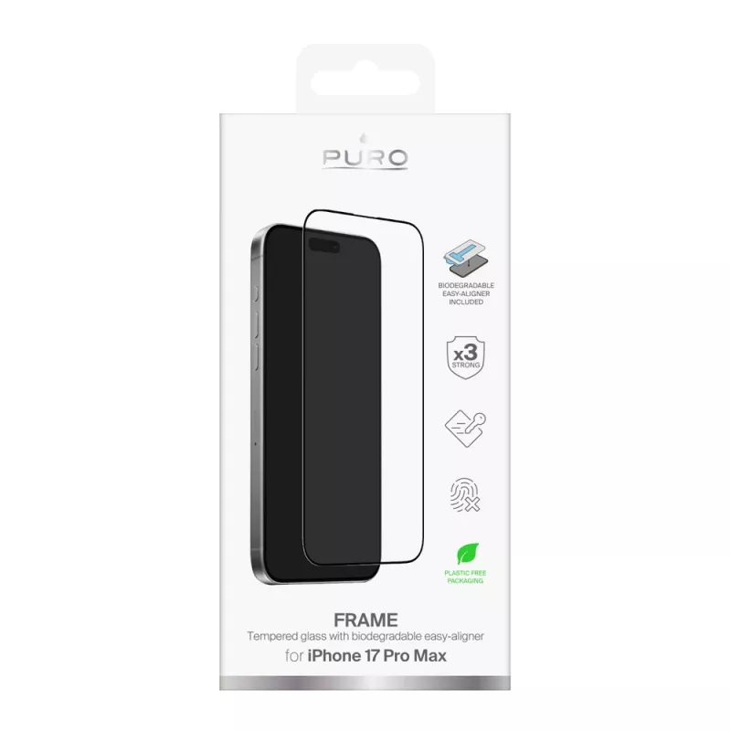PURO Frame Panzerglas für iPhone 17 Pro Max mit Applikator und schwarzem Rahmen