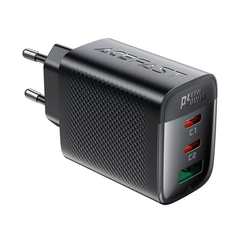 Acefast A108 GaN PD 67W Wandladegerät, 2x USB-C, 1x USB-A, Schwarz