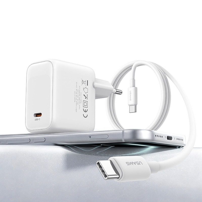 USAMS CC339 T76 45W GaN USB-C Wandladegerät mit SJ711 USB-C-auf-USB-C-Kabel (1 m), weiß
