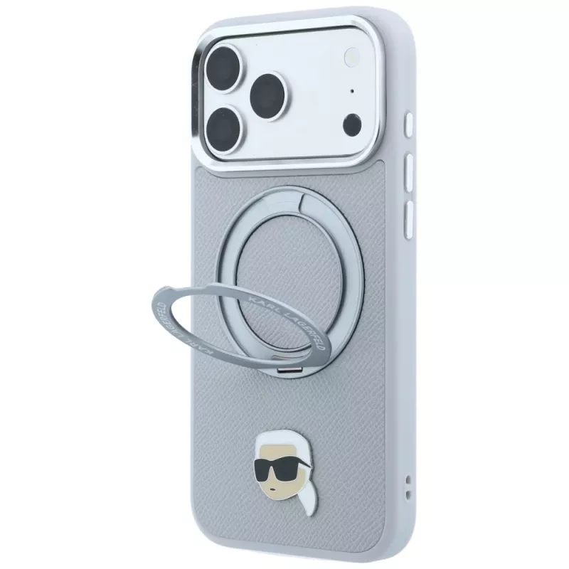 Karl Lagerfeld with Ring Stand 360 Karl Head Pin MagSafe Hülle für Apple iPhone 18 Pro / 17 Pro, grau (KF003235)