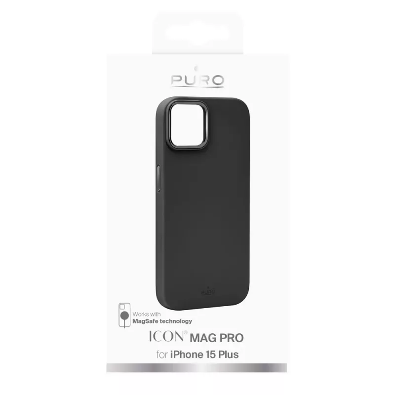 Puro Icon Mag Pro MagSafe Silikonhülle mit Metalltasten für Apple iPhone 15 Plus, Schwarz