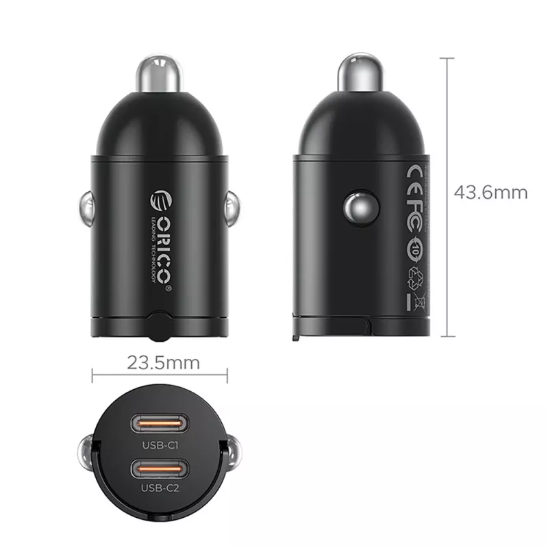 Orico MiniRing MR-30-2C 30W 2x USB-C Kfz-Ladegerät, Schwarz