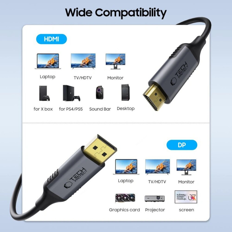 Tech-Protect UltraBoost DisplayPort-/HDMI-2.0-Kabel, 4K 60 Hz, 200 cm, schwarz