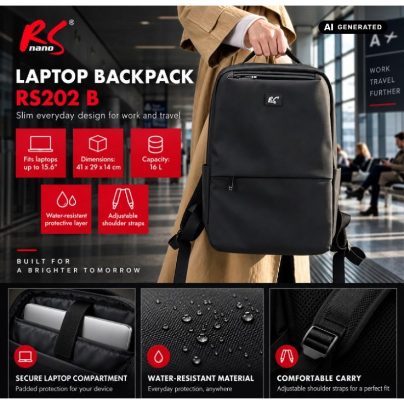 NanoRS RS202 B Laptop-Rucksack 15,6", Schwarz, 41x29x4, wasserdicht
