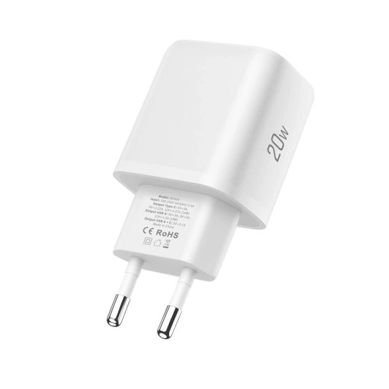 Tech-Protect NCA20 USB-A, USB-C Wandladegerät PD 20W / QC3.0, Weiß