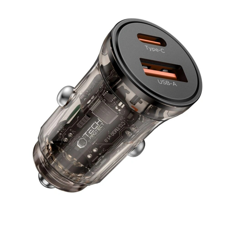 Tech-Protect CC01 2-Port Autoladegerät USB-A / USB-C, PD 45W / QC 3.0, Schwarz