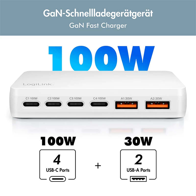 LogiLink PA0418 USB-A/C Desktop-Ladegerät, 100 W, GaN, 6 Ports, 2x USB-A (QC), 4x USB-C (PD), Weiß