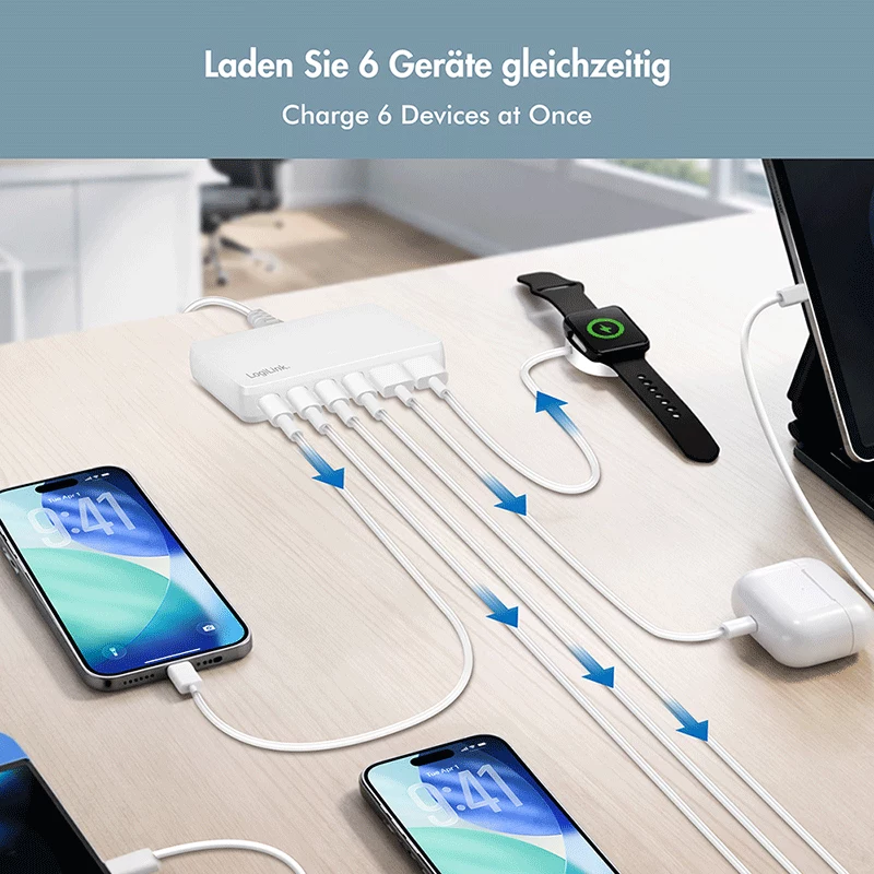 LogiLink PA0418 USB-A/C Desktop-Ladegerät, 100 W, GaN, 6 Ports, 2x USB-A (QC), 4x USB-C (PD), Weiß