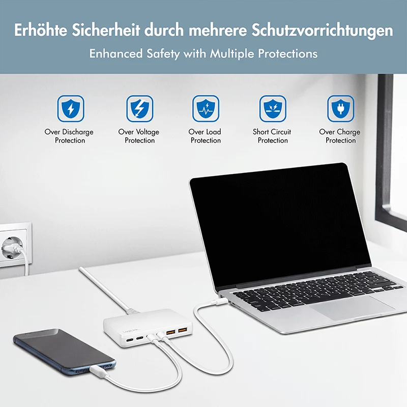 LogiLink PA0418 USB-A/C Desktop-Ladegerät, 100 W, GaN, 6 Ports, 2x USB-A (QC), 4x USB-C (PD), Weiß