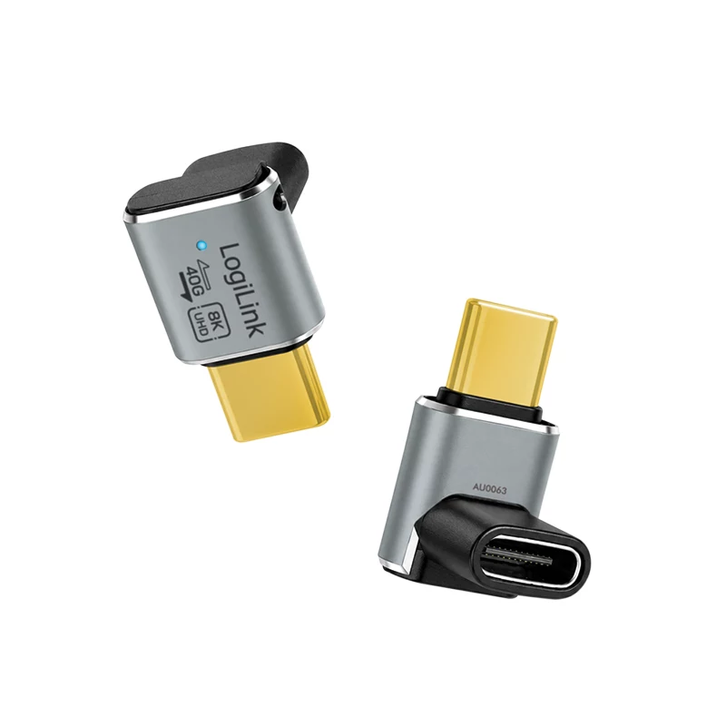 LogiLink AU0063 USB 4 Type-C Adapter 90° U/D, C/M auf C/F, 40 Gbps, 240 W, 8K/60 Hz, Metall, silber