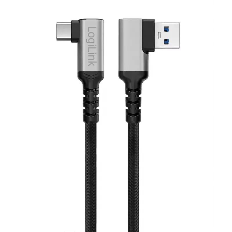 LogiLink CU0471 USB 3.2 Gen1 Type-C Kabel, A/M 90° auf C/M 90°, 5 Gbps, 60 W, Metall, silber/schwarz, 1 m
