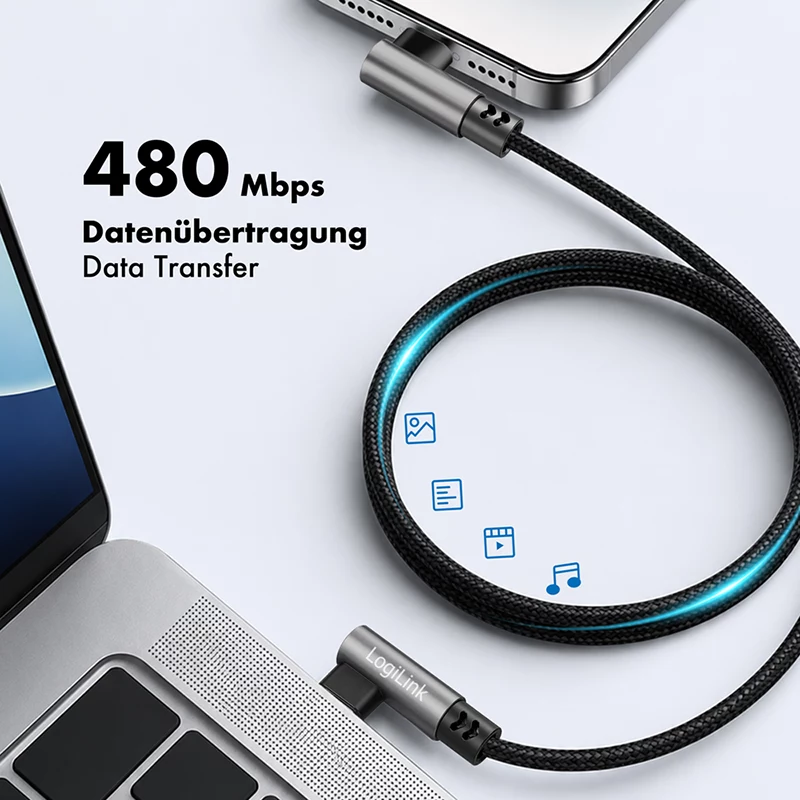 LogiLink CU0463 USB 2.0 Type-C Kabel, C/M 90° auf C/M 90°, 480 Mbps, 100 W, Metall, silber/schwarz, 3 m