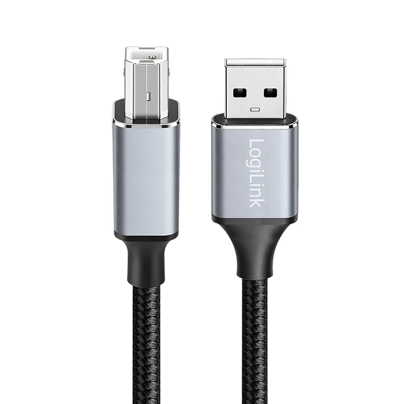 Logilink CU0107 USB-2.0-Kabel, USB-A/M auf USB-B/M, 480 Mbps, Nylon, Metall, schwarz/silber, 2 m
